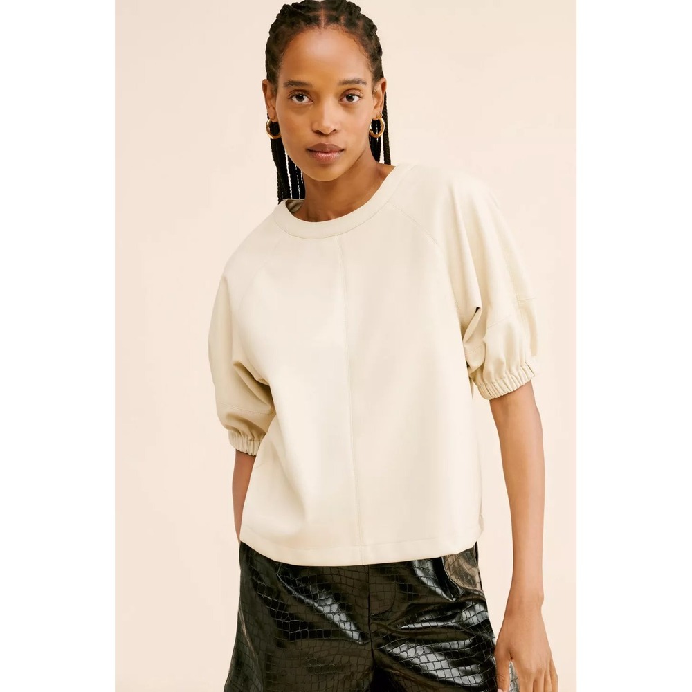 Steve Madden Reilly Vegan Leather Puff Sleeve Top Cream Large